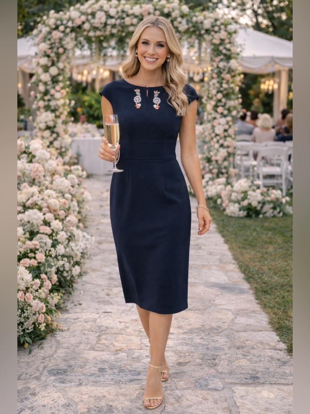 Zara Navy Blue Sheath Midi Dress ✨ Wedding Guest Cocktail Elegant Embellished